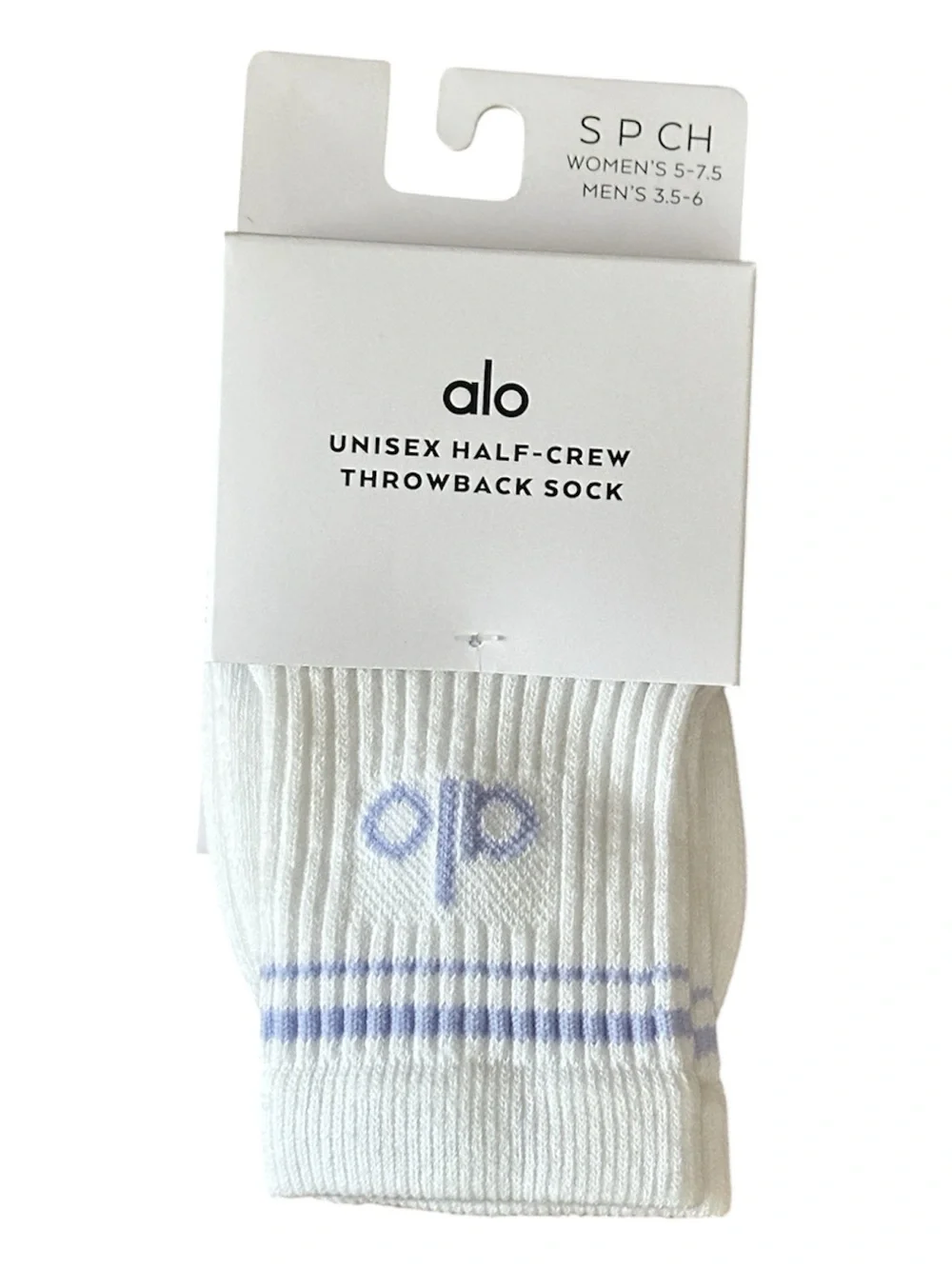 ALO Yoga White Athletic Half-Crew Sock with Light Blue Accent